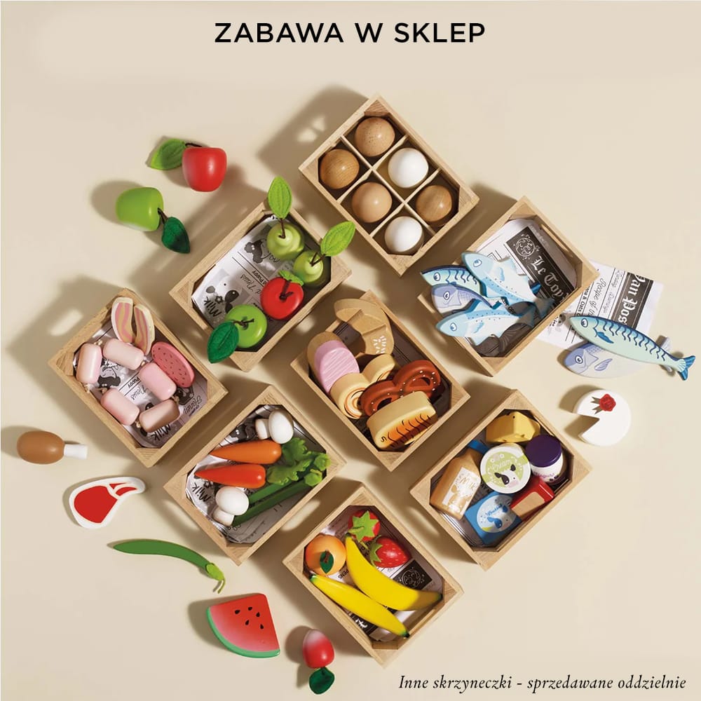 Drewniane owoce w skrzynce, zabawka dla dzieci, stragan, sklep Le Toy Van