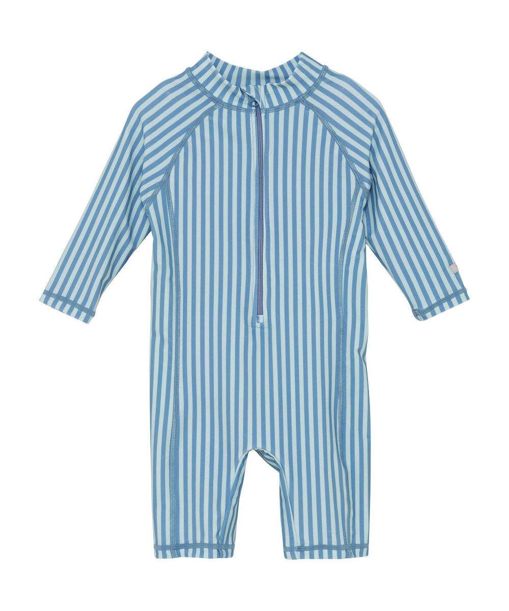 Kombinezon kąpielowy UPF 60+ w paski – niebieski, długi rękaw.